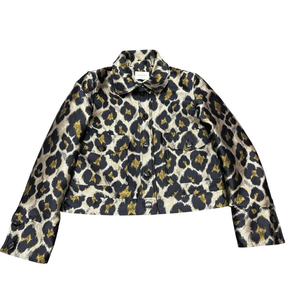 Sezane Terry Jacket 34 XS Leopard Jacquard Cropped Button Front - Picture 5 of 11